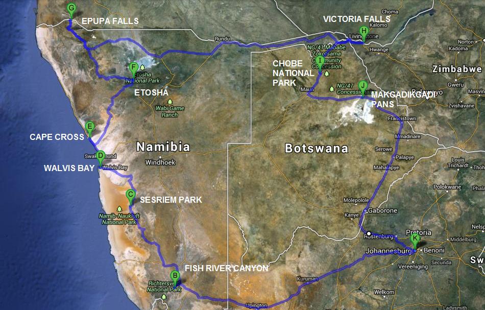 Namibia travel itinerary map