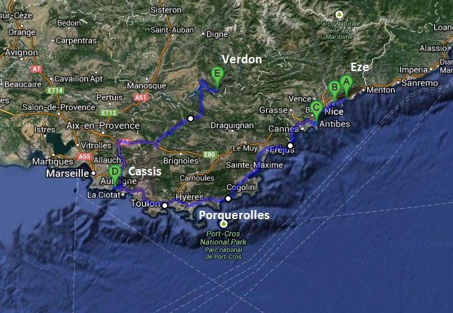 Mappa itinerario di viaggio in Costa Azzurra