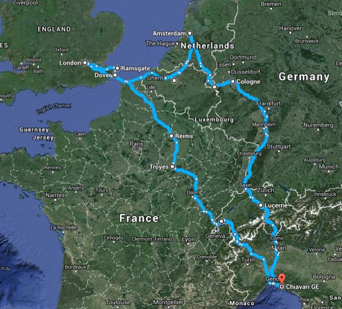Italy to London on the road travel itinerary map