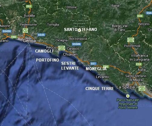 Mappa itinerario di viaggio in Liguria