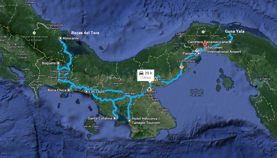 Mappa itinerario di viaggio a Panama