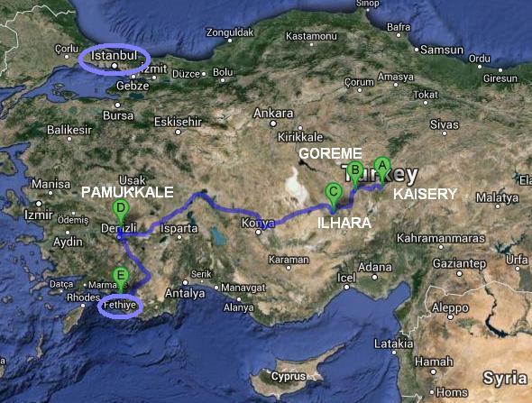 Mappa itinerario di viaggio in Turchia