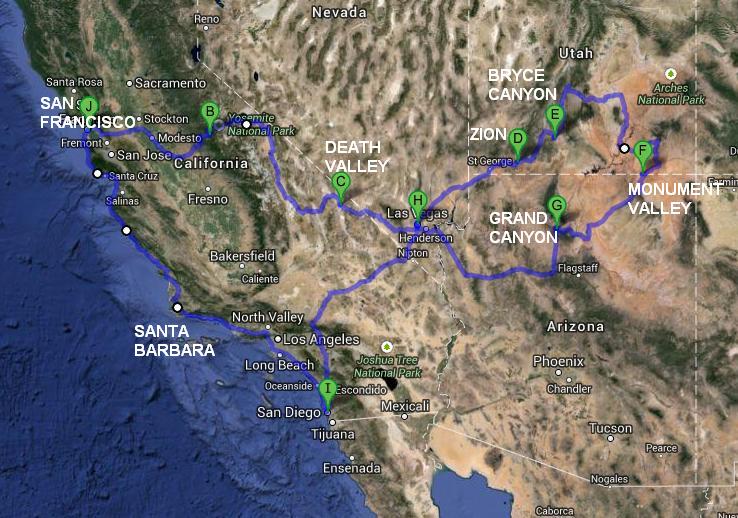 California travel itinerary map
