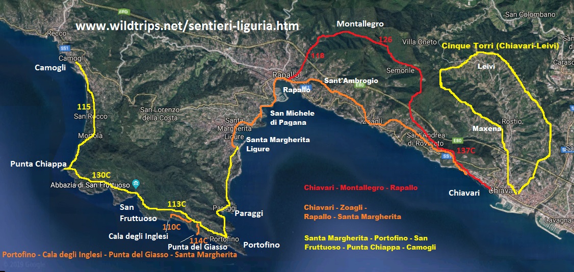 Cartina dei sentieri sul mare tra Chiavari e Portofino