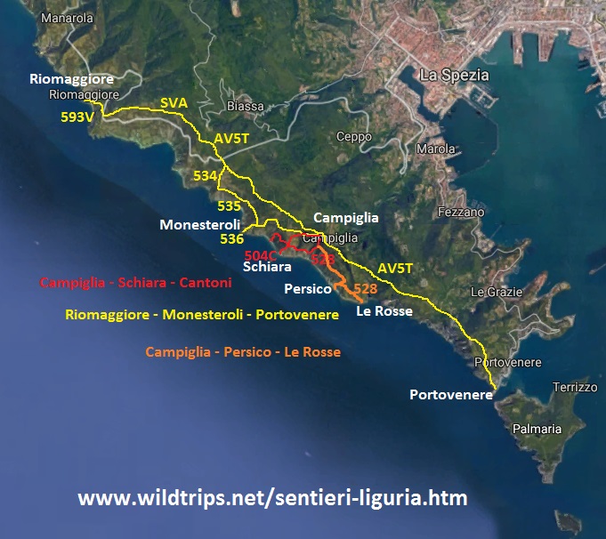 Cartina dei sentieri tra Riomaggiore e Portovenere, e a Campiglia