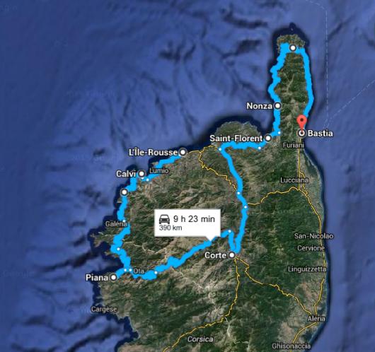 Mappa itinerario di viaggio in Corsica