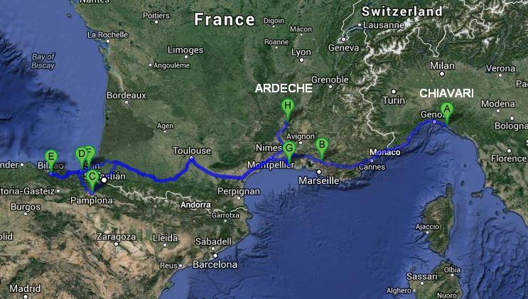 Mappa itinerario di viaggio in camper tra Francia e Spagna