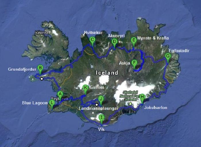 Mappa itinerario di viaggio in Islanda