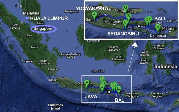 Mappa itinerario di viaggio in Indonesia