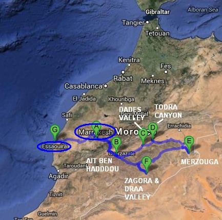 Mappa itinerario di viaggio in Marocco