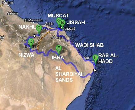 Mappa itinerario di viaggio in Oman