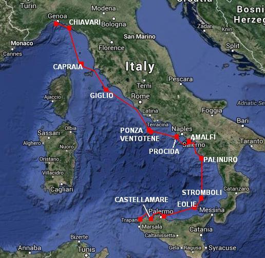 Mappa itinerario di viaggio per una vacanza a vela in Italia