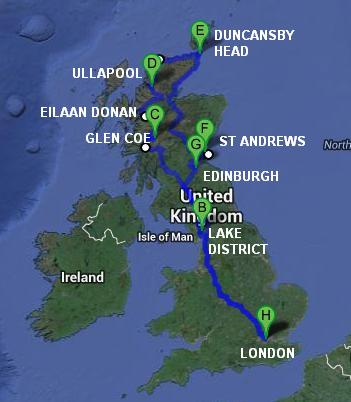 Mappa itinerario di viaggio in Scozia