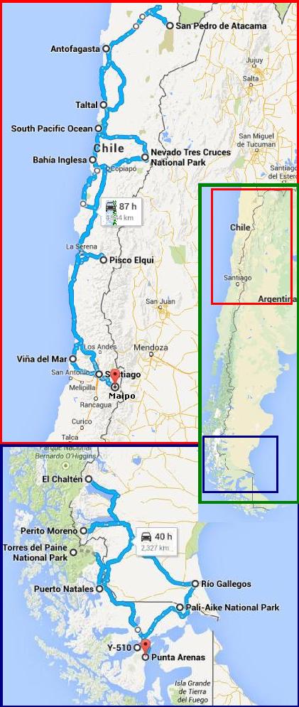 Map of the travel itineraryin Chile and Argentine Patagonia