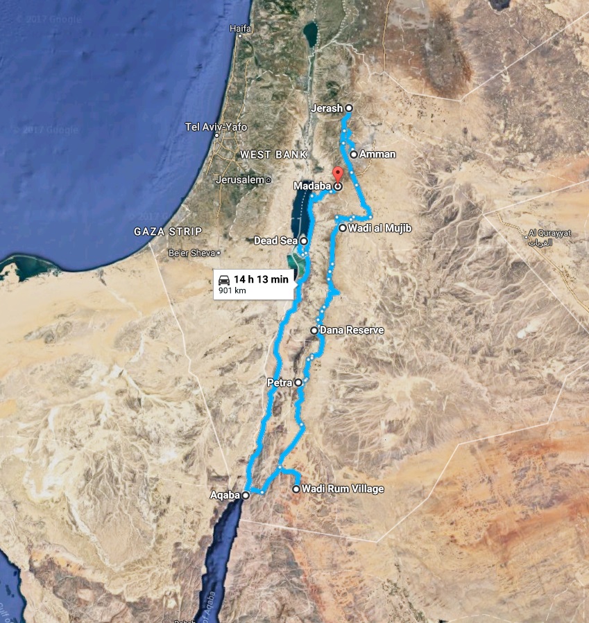Map of the travel itinerary in Jordan