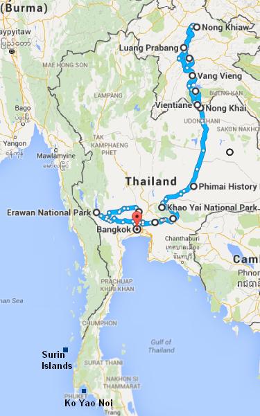 Map of the travel itinerary in Thailand and Laos