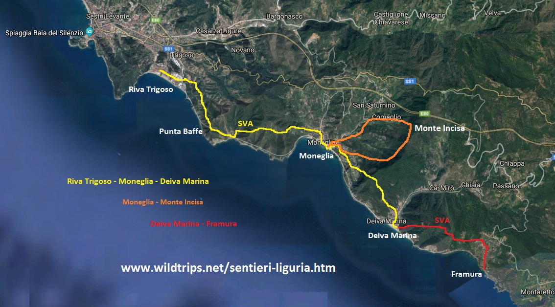 Cartina dei sentieri tra Riva, Moneglia e Deiva